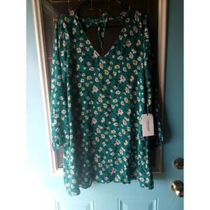 Womens Green cute Floral Mini Dress Small long sleeve V-neck